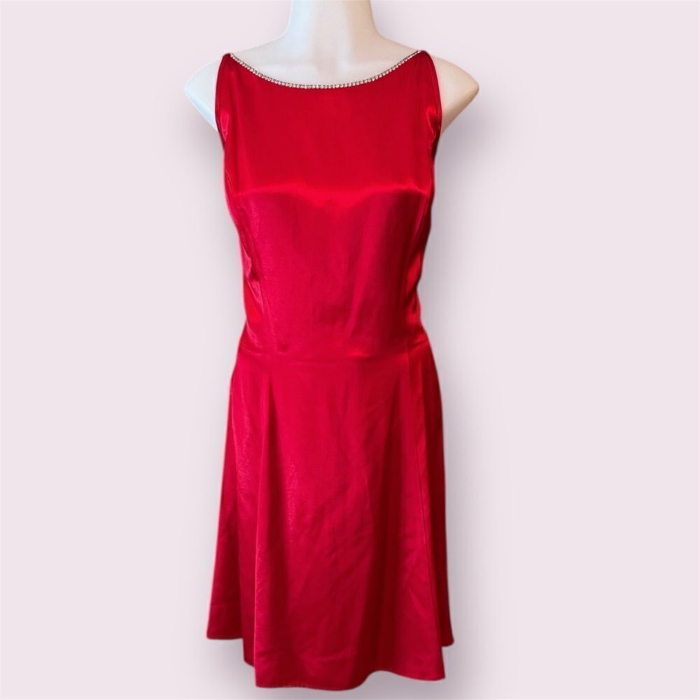 JESSICA MCCLINTOCK GUNNE SAX Vintage 90s Red Satin Rhinestone Mini Dress